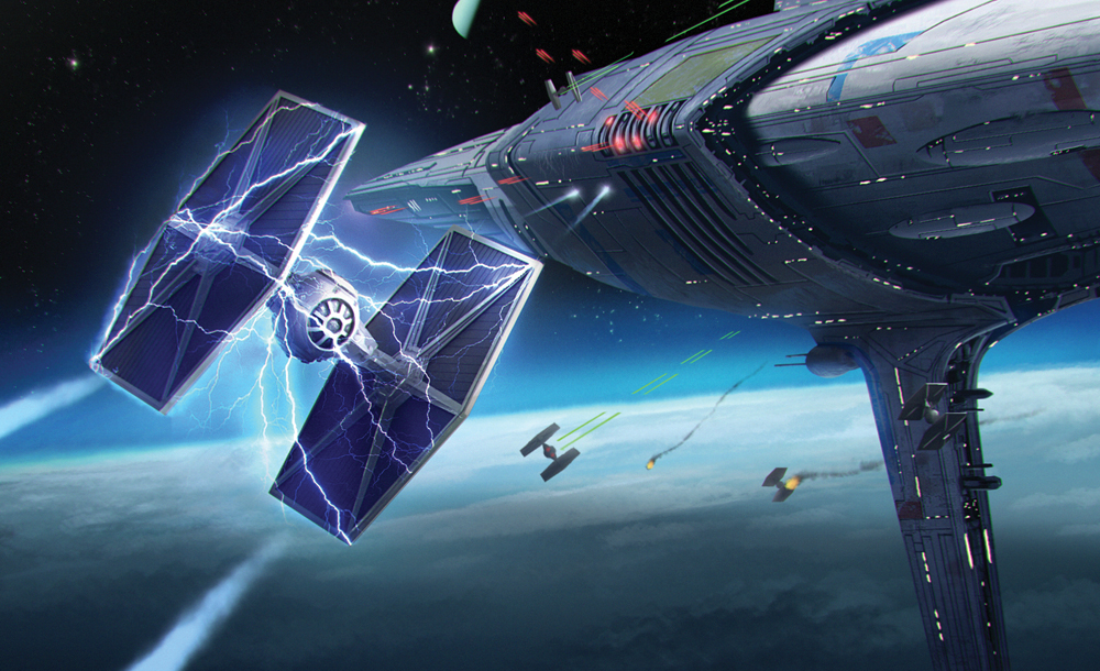 An MC75 Star Cruiser's armament engaging TIE fighters.