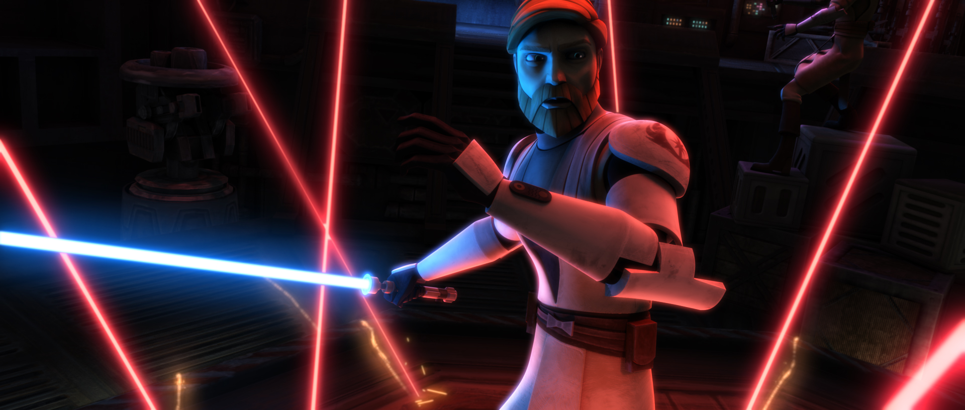 Kenobi defending against Bane's automated laser defense system on Black Stall Station