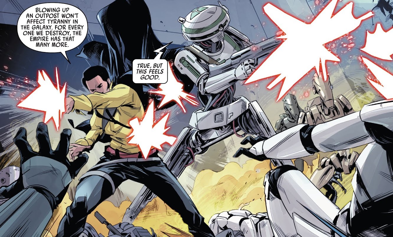 Lando and L3 fighting the stormtroopers