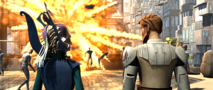 The memorial shrine being bombed as Kenobi and Duchess Satine Kryze looked on.