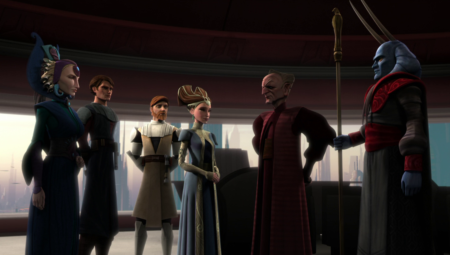 Chancellor Palpatine apologizing to Duchess Satine Kryze.