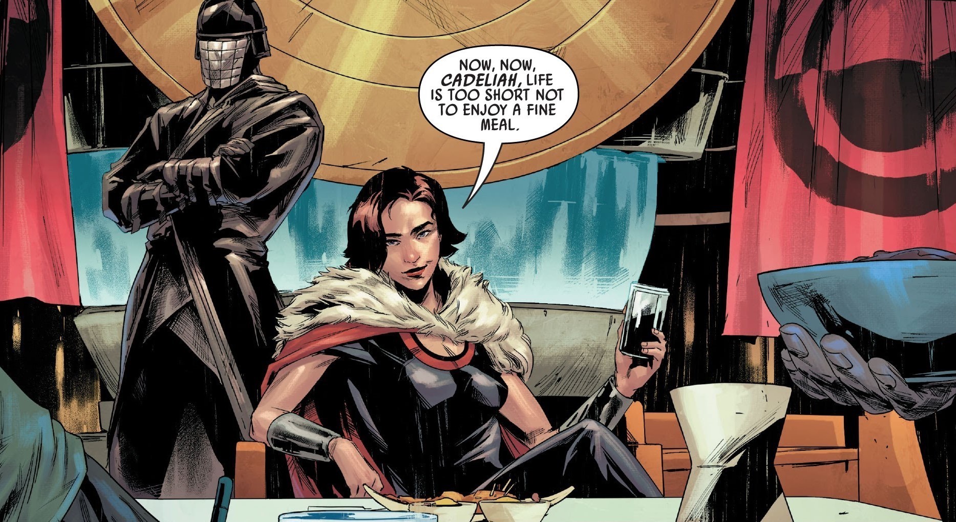 Qi'ra and Vicrul meet with Cadeliah on the Vermillion.