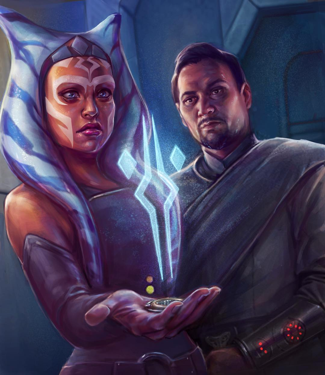 Ahsoka Tano shows Bail Organa a hologram of the Fulcrum symbol.