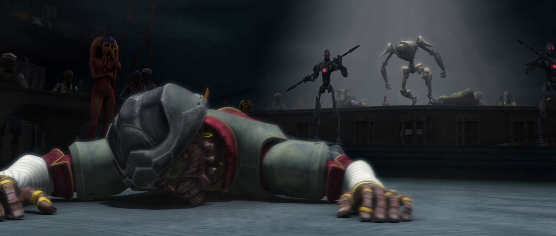 Grievous tosses Ohnaka onto the floor.