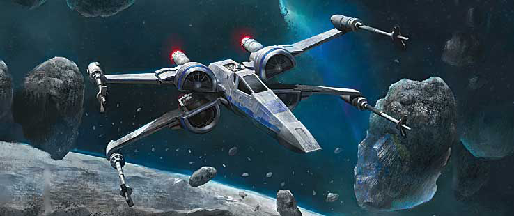 Lieutenant Bastian piloting his T-70 X-wing through some asteroids.