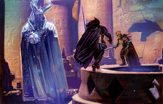 Ludo Kressh duels Naga Sadow for the Sith throne before Marka Ragnos' specter. Over a century earlier, Simus was beheaded in a duel against Ragnos for that throne.