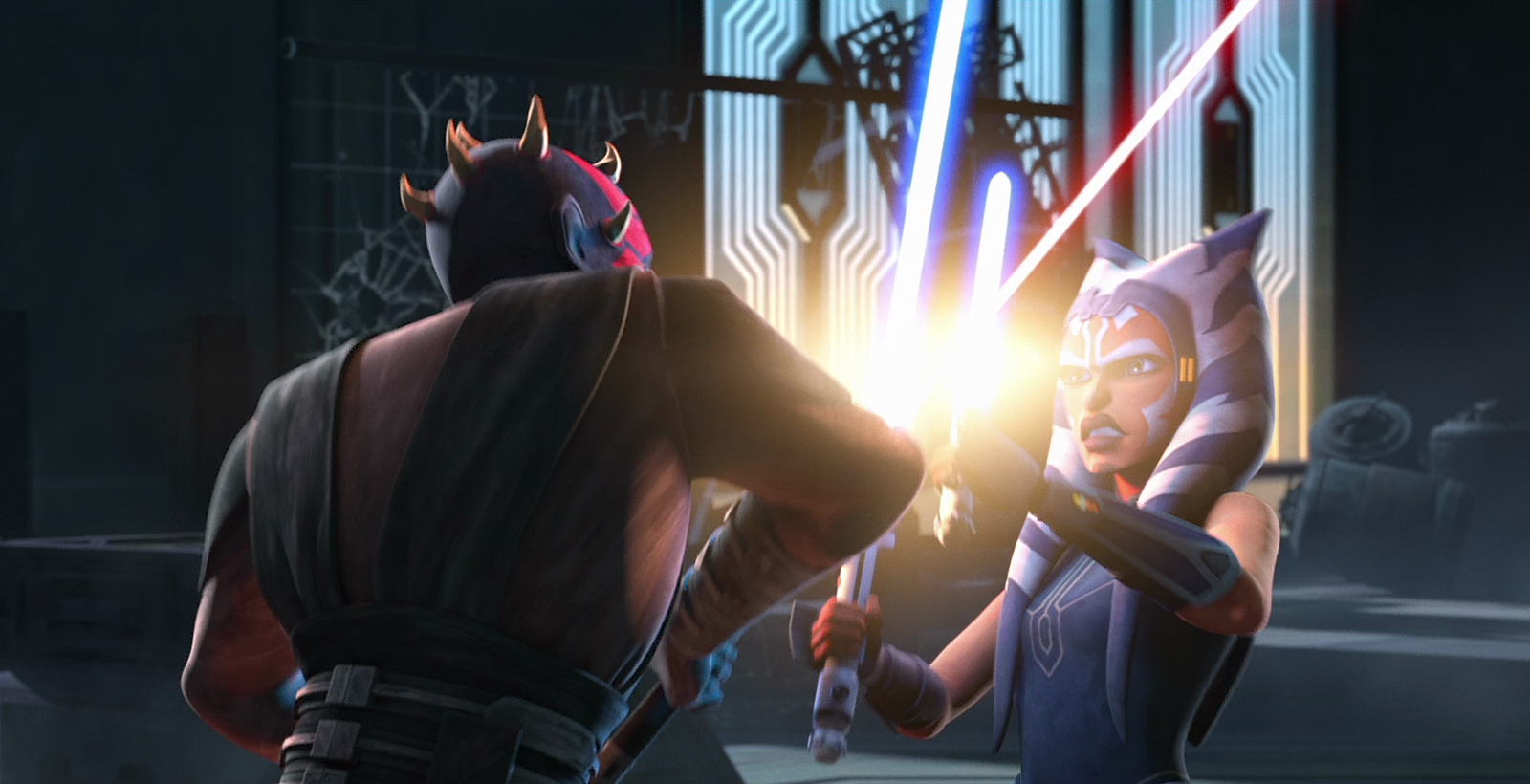 After his offer to work together to destroy Sidious was denied, Maul engaged Ahsoka in a fierce duel that began in the throne room.