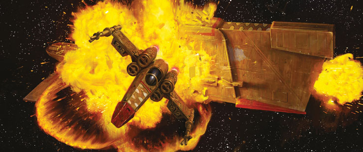 Bossk escapes an explosion aboard the Hound's Tooth in his Z-95 Headhunter, Nashtah Pup.