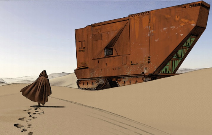 Obi-Wan Kenobi approaching a Sandcrawler during his exile on Tatooine