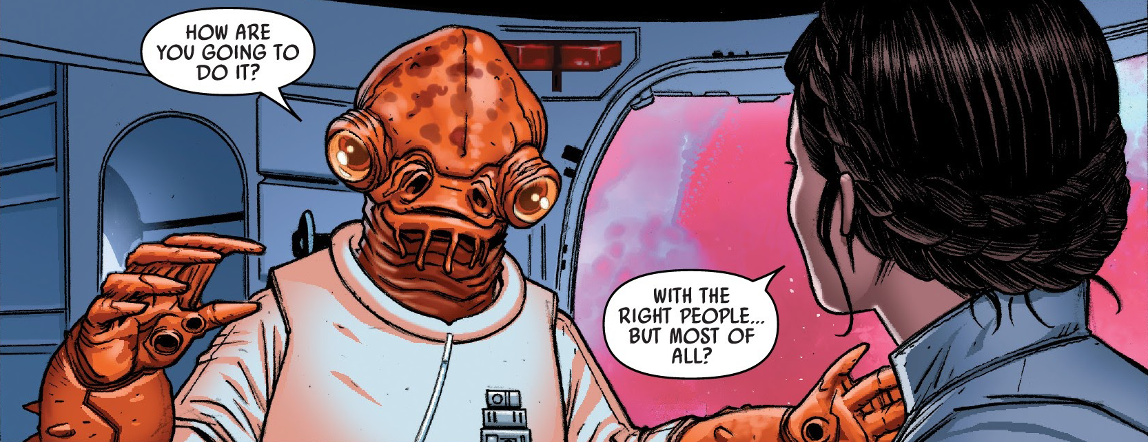 Ackbar asking Leia about her plan for the assault on Shu-Torun.