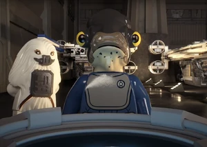 Moroff stands with his arms behind his back beside Raddus who is looking at a holoprojector table in a hangar in the Great Temple on Yavin 4. In the background, a pair of parked U-wings are visible.