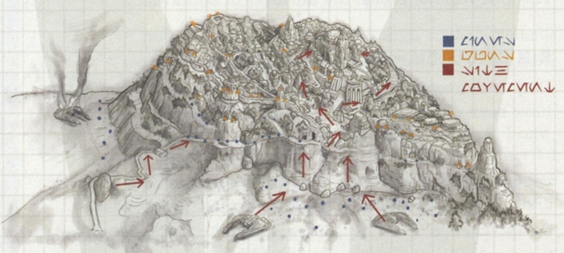 The Republic stronghold assault plan, depicting mines, turret placements, and Imperial movements