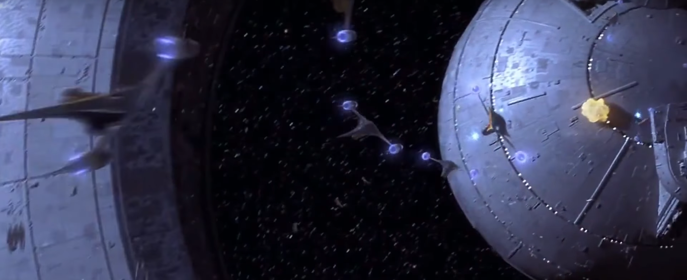 N-1s attack the Trade Federation's Lucrehulk-class droid control ship at the Battle of Naboo