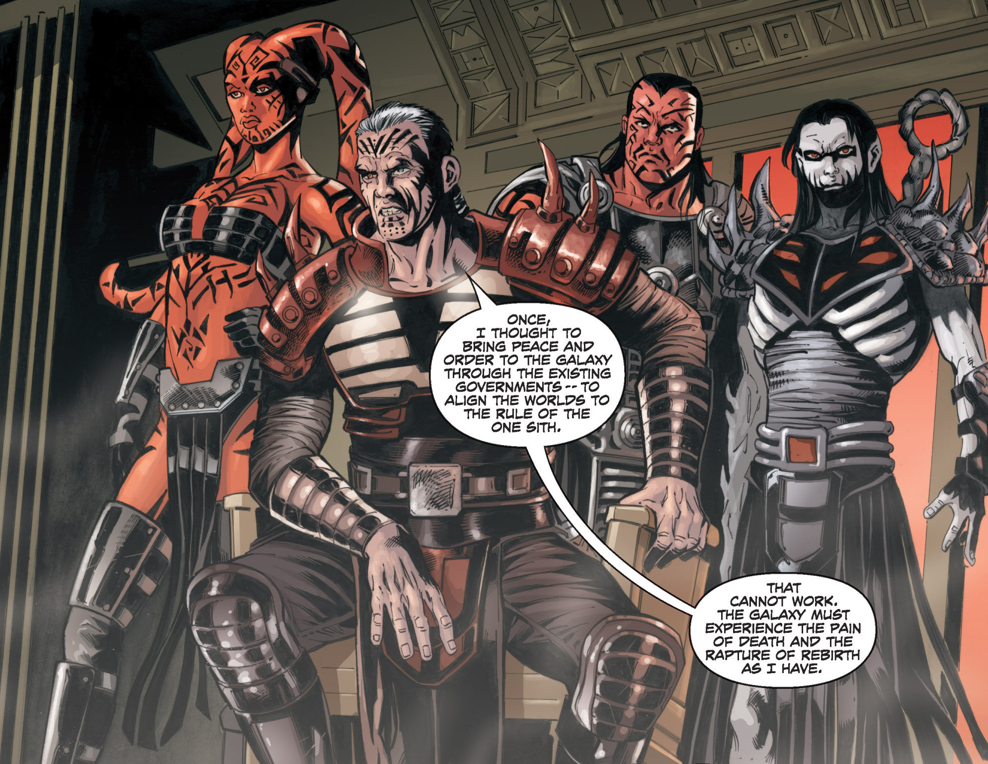 Talon, Darth Stryfe and Darth Nihl flank Darth Krayt in order to protect him.