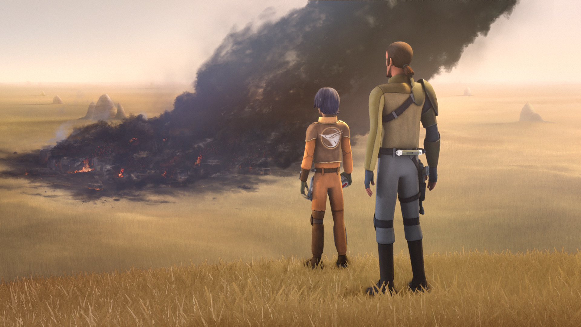 Bridger and Jarrus overlook the charred remains of Tarkintown