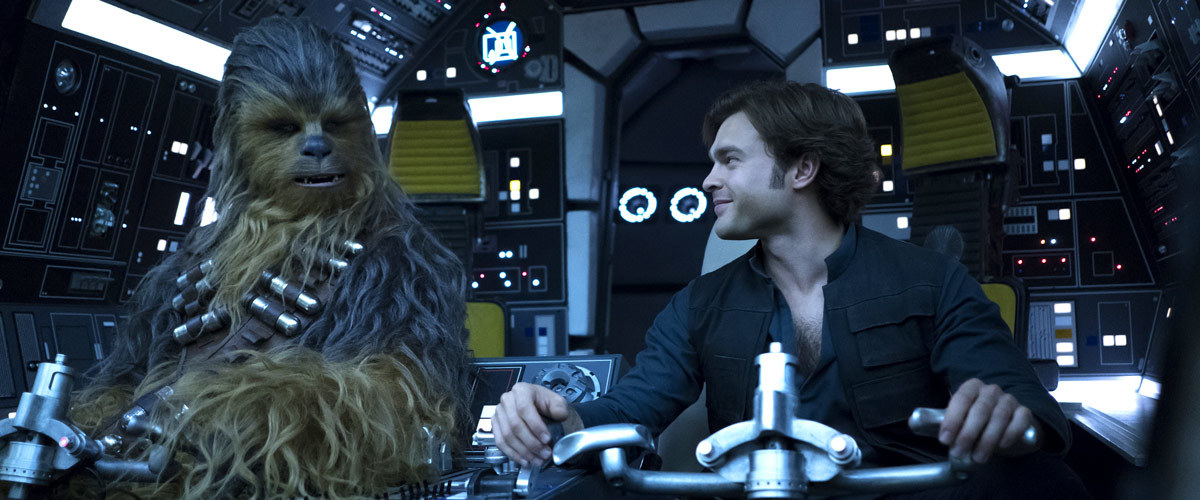 Chewbacca and Han in their newly won Millennium Falcon.