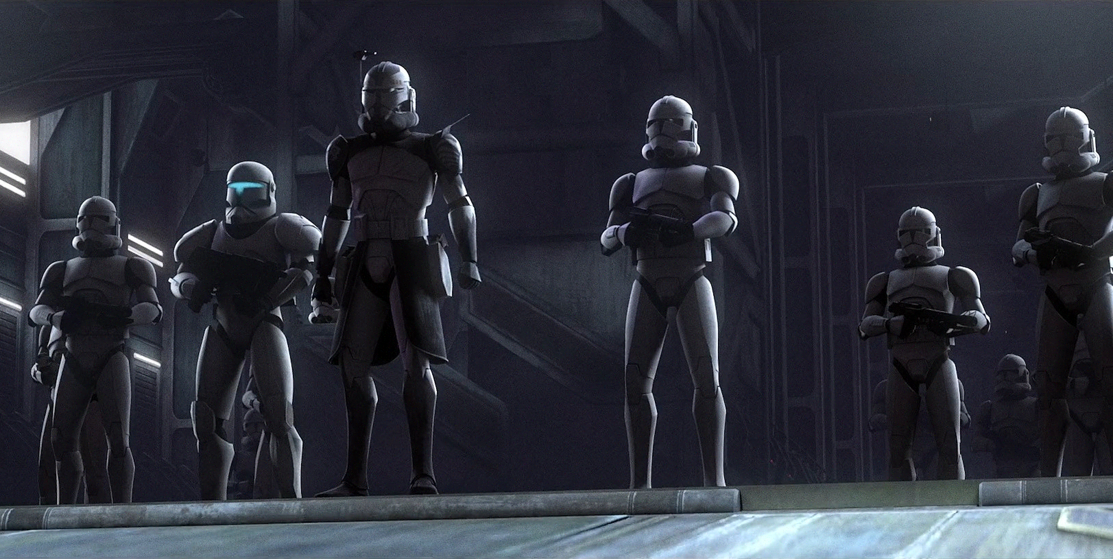 Wolffe and his team confronting Clone Force 99 on Teth