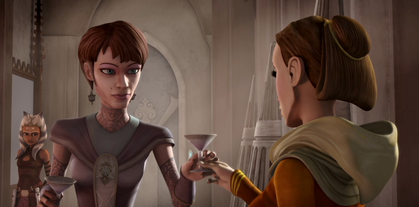 Padmé Amidala and Mina Bonteri discuss peace between the Republic and Confederacy on Raxus.