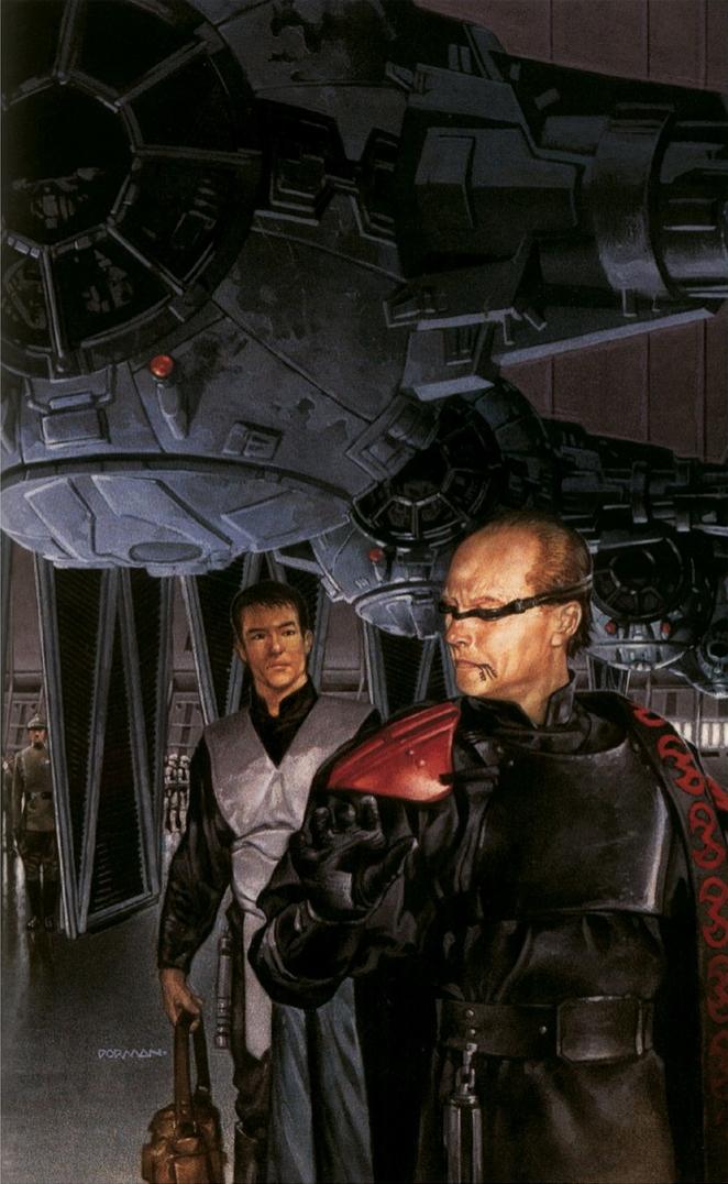 Jerec and Yun in the docking bay of the Vengeance with an array of TIEs.