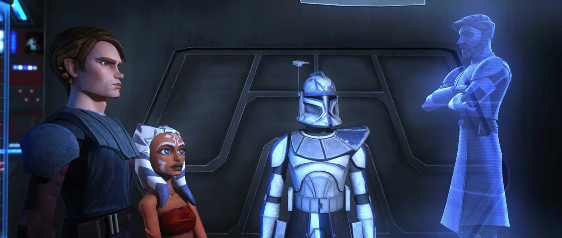 Rex, Tano, and Skywalker receiving the report about Falleen from Kenobi