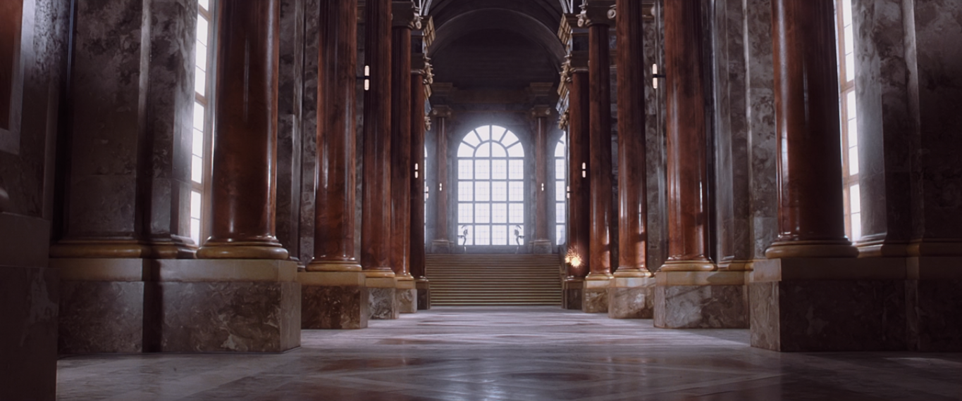 The halls of the palace were lined with towering columns.