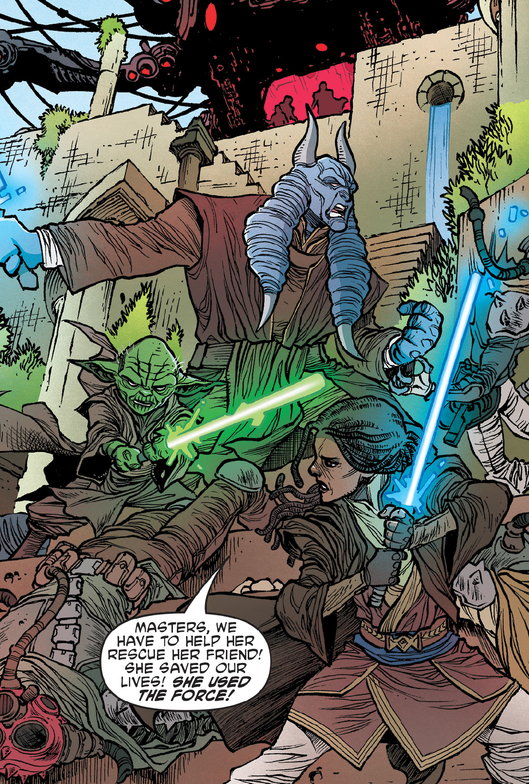 Yoda, Torban Buck, and Lula Talisola fight the Nihil on Trymant IV.