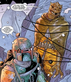Boba Fett ties Bossk to a rock for dead on Jekara.