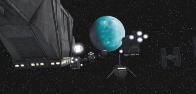 The Galactic Empire invades Yavin's fourth moon with landing craft and TIE fighters.