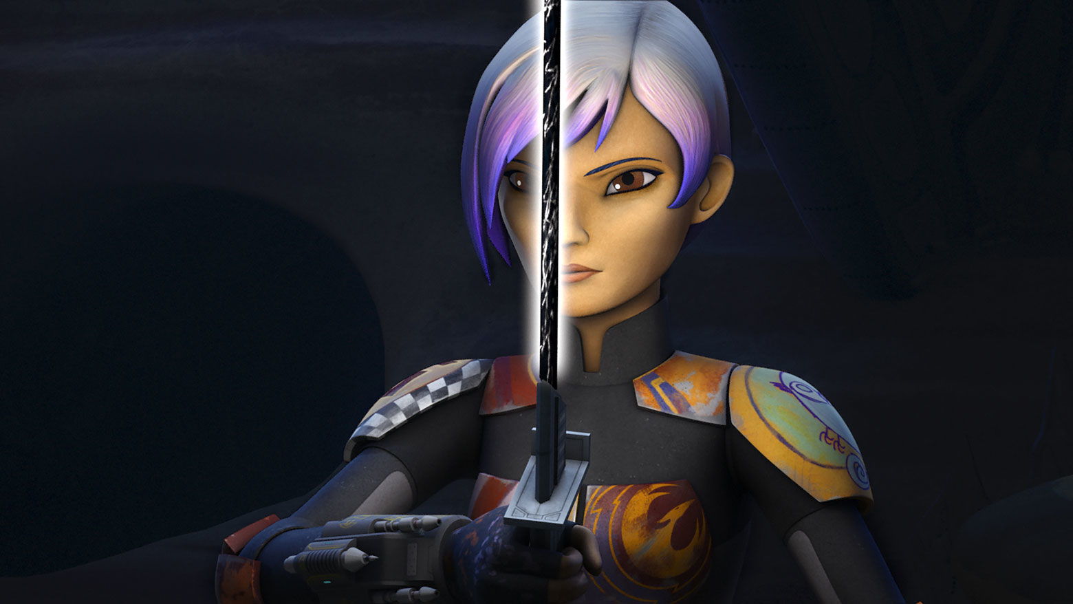 Sabine Wren wielding the Darksaber.