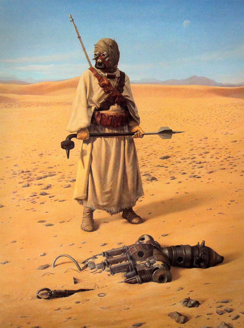 A Tusken Raider wielding a gaderffii discovers an IG-88 assassin droid in the desert