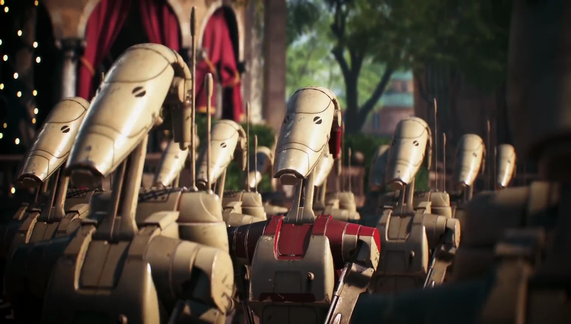 A formation of B1 battle droids (droid model pictured) were dispatched to find Quarnom.