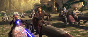 Rex, Anakin Skywalker, Ahsoka Tano, and Obi-Wan Kenobi lead the 501st in securing Kiros's capital city.