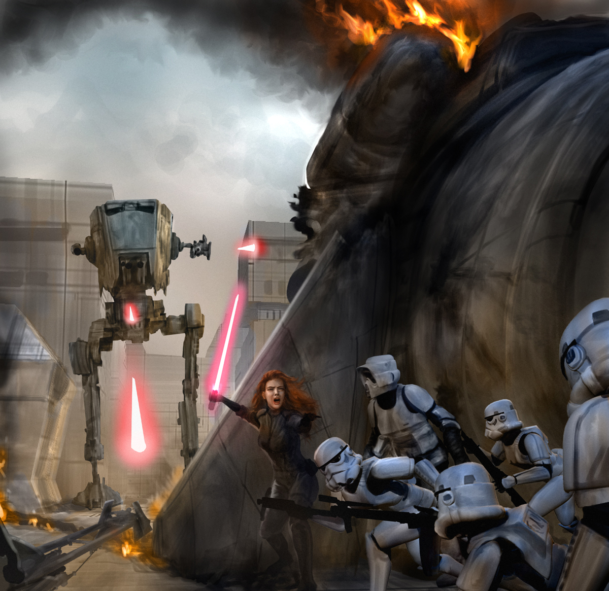 Jade and the stormtroopers face off against an AT-ST