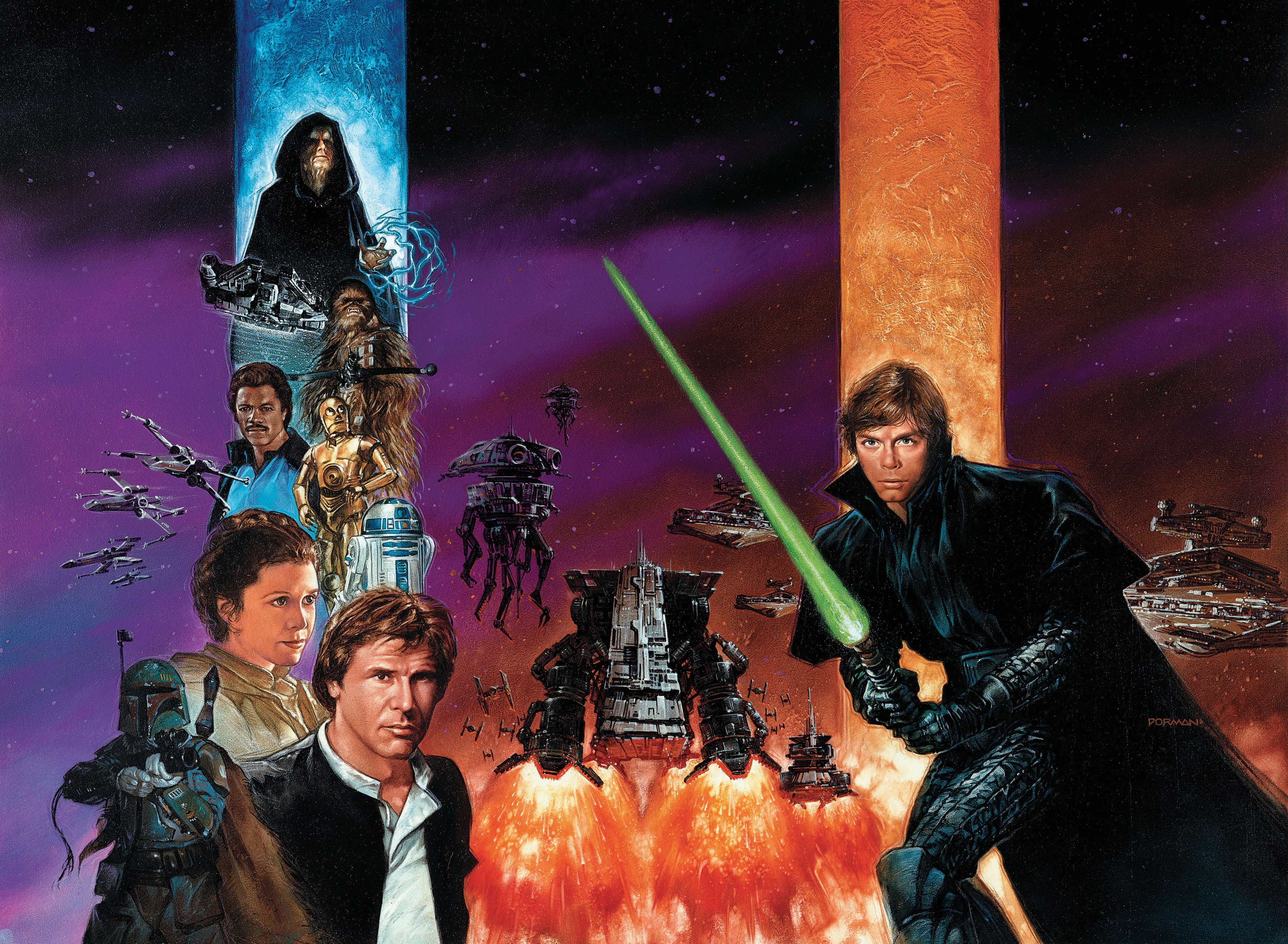 Luke Skywalker in his father's armor with World Devastators and Star Destroyers in the background