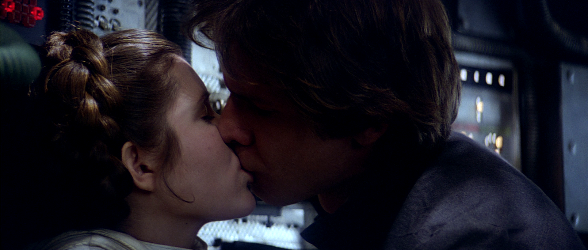 Han Solo and Princess Leia kissing.