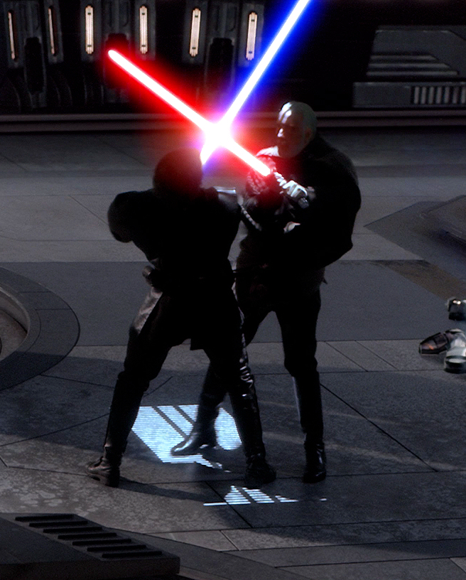 Anakin Skywalker and Count Dooku engage in lightsaber combat above Coruscant.