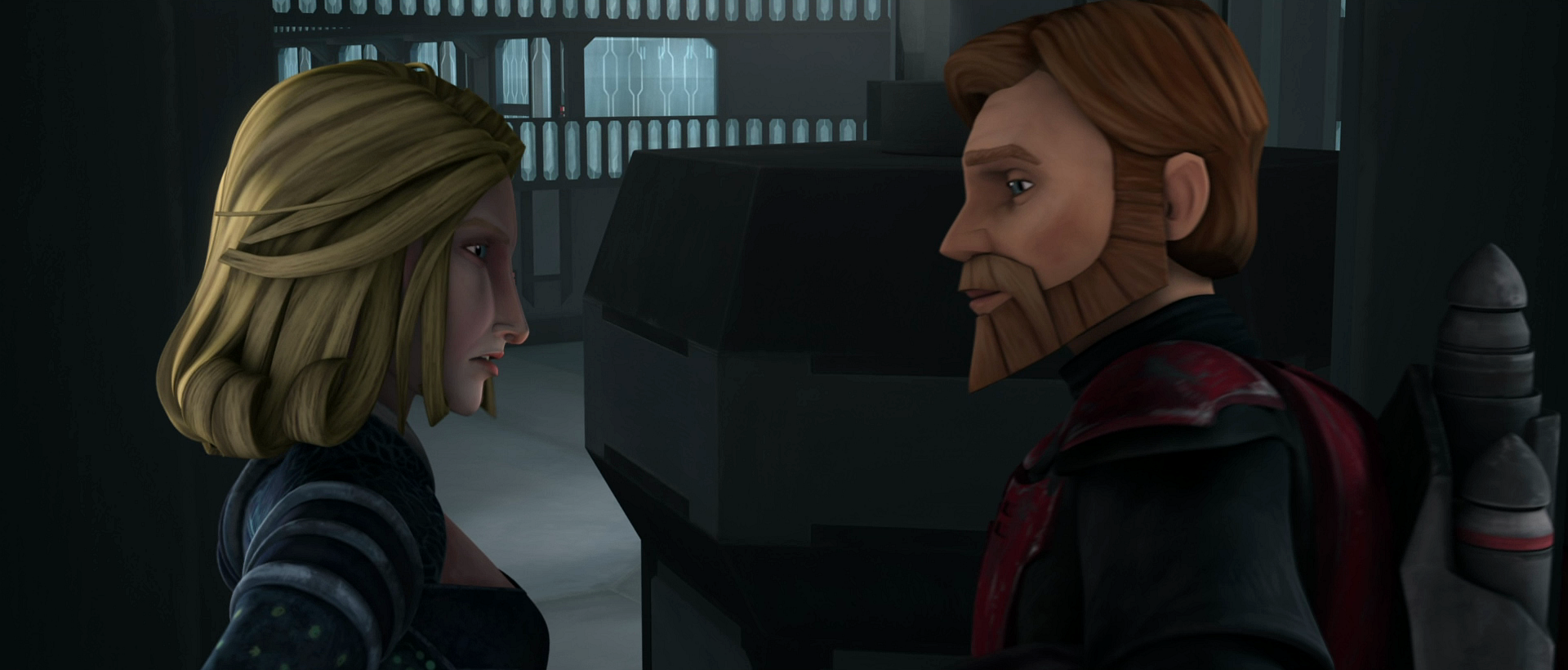 Duchess Satine makes her second escape from prison with Obi-Wan's help.