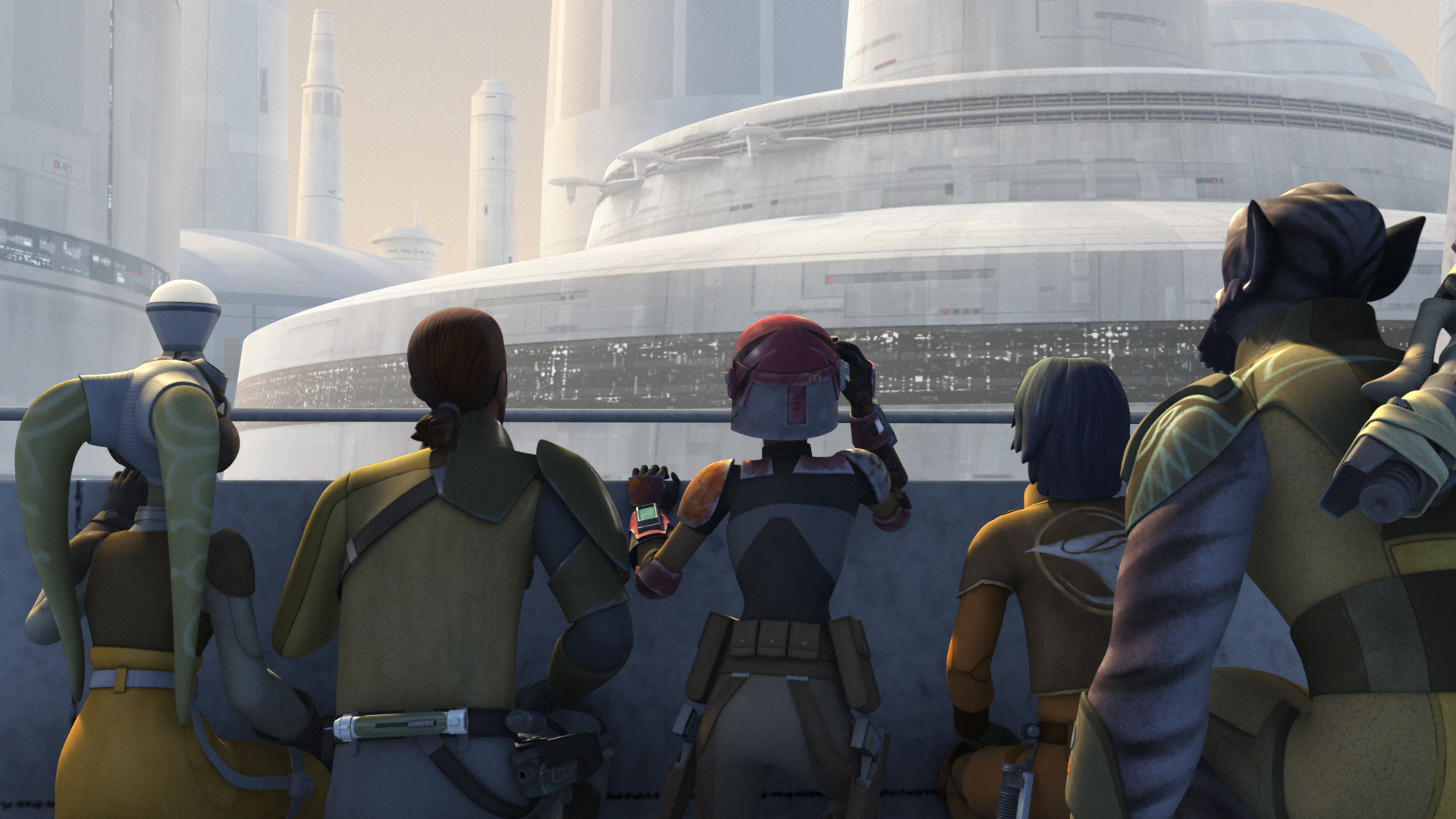 Zeb (far right) and his companions stalking the Lothal City Capitol Building