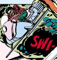 Serji-X Arrogantus riding one of the Cloud-Riders' trademark skyspeeders.