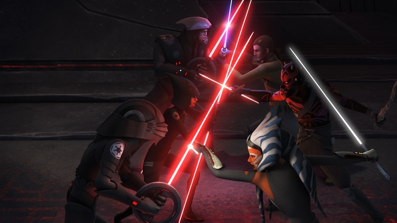 Imperial Inquisitors fighting the Jedi and Maul.