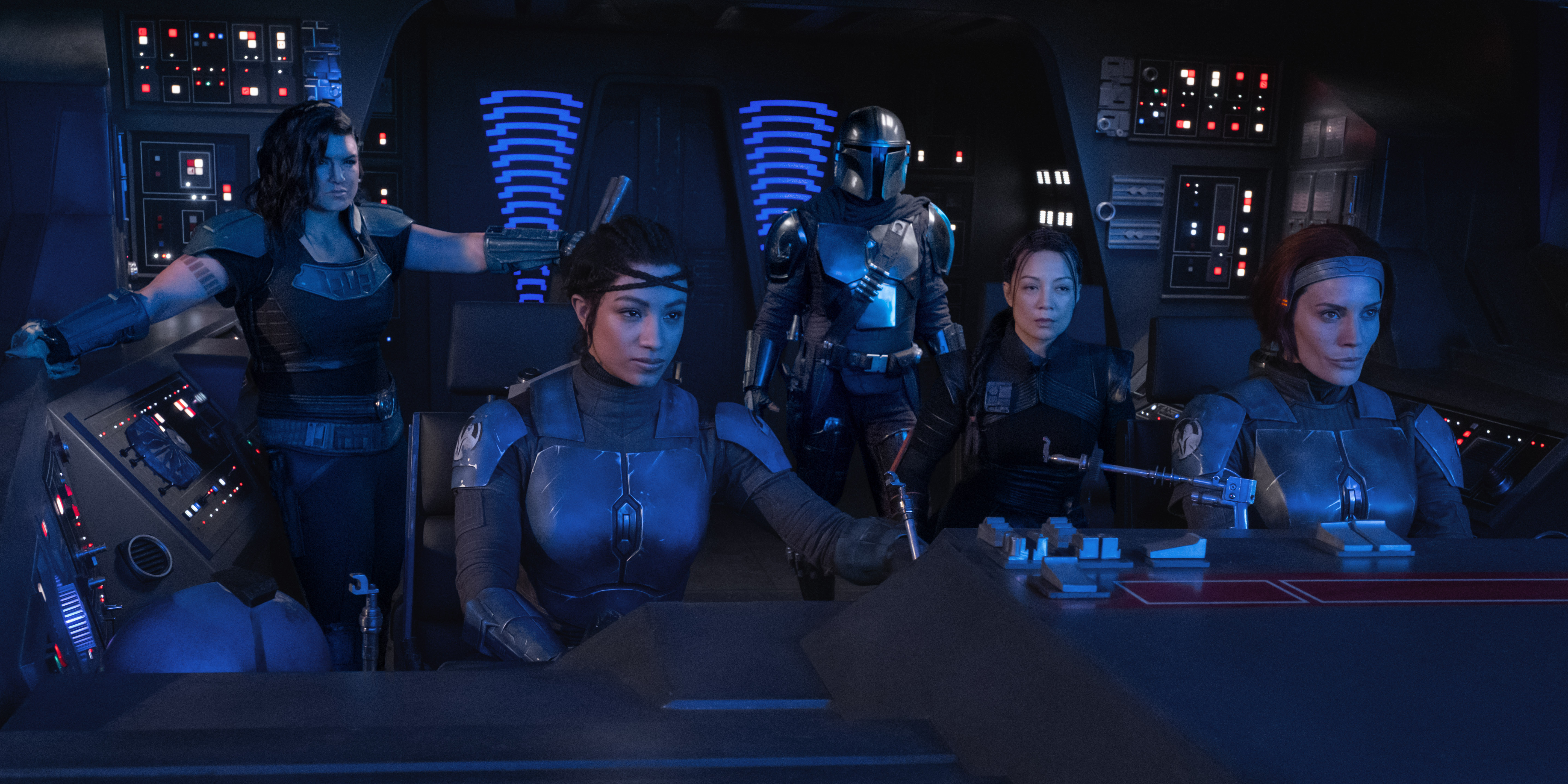 Koska Reeves and Bo-Katan Kryze pilot Shuttle 2743 with Din Djarin, Cara Dune, and Fennec Shand aboard.