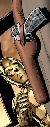 C-3PO reaches for the blaster.