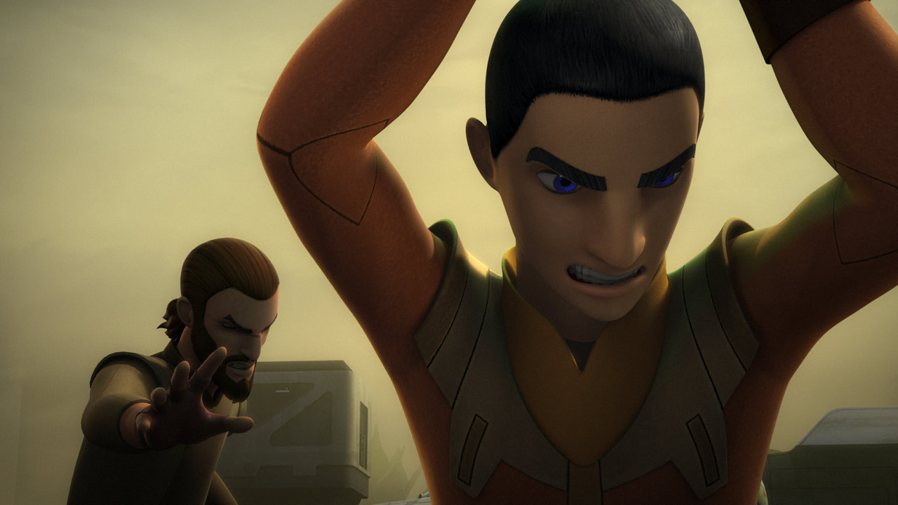 Kanan trying to restrain Ezra, who has been influenced by Maul's sorcery