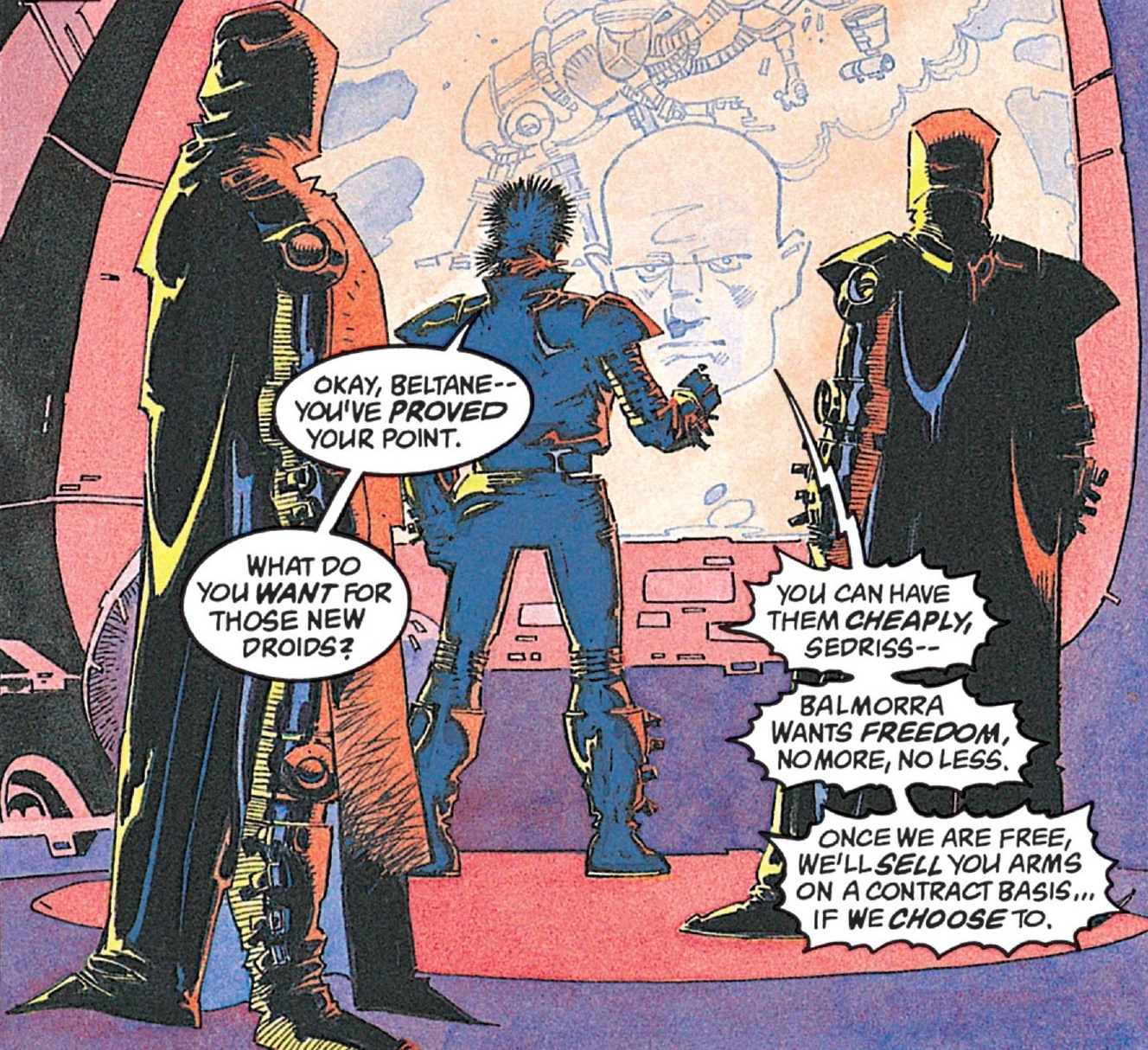 Vill Goir (right), Krdys Mordi (left), and Sedriss (center) contact Governor Beltane from the Avenger.