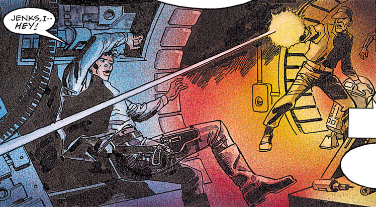 Unlike the comic Empire's End 1 (pictured), the Empire's End audio drama describes Jenks as confronting Han Solo and the Jedi Empatojayos Brand.