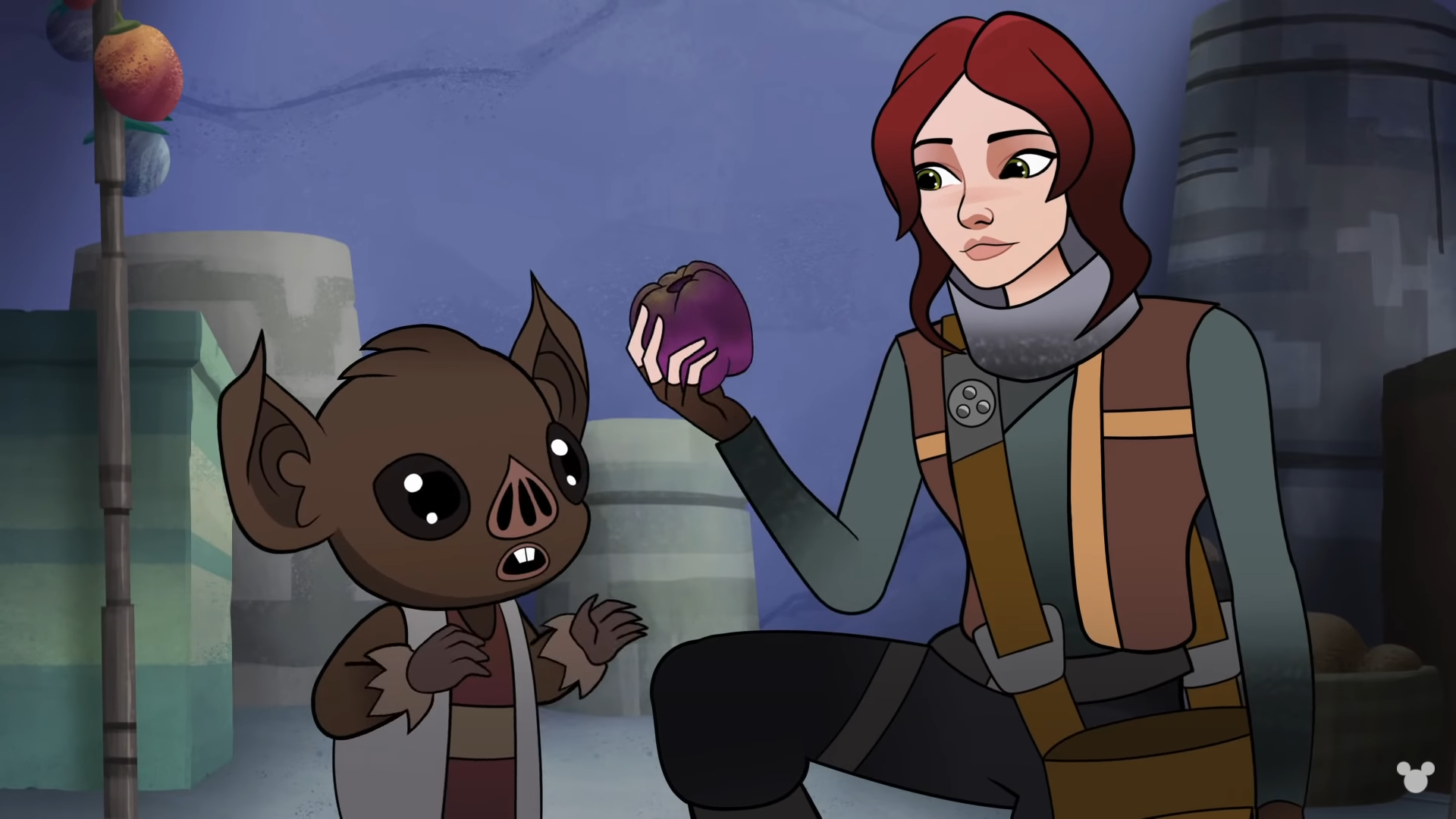 Jyn Erso giving the child her fruit to eat.