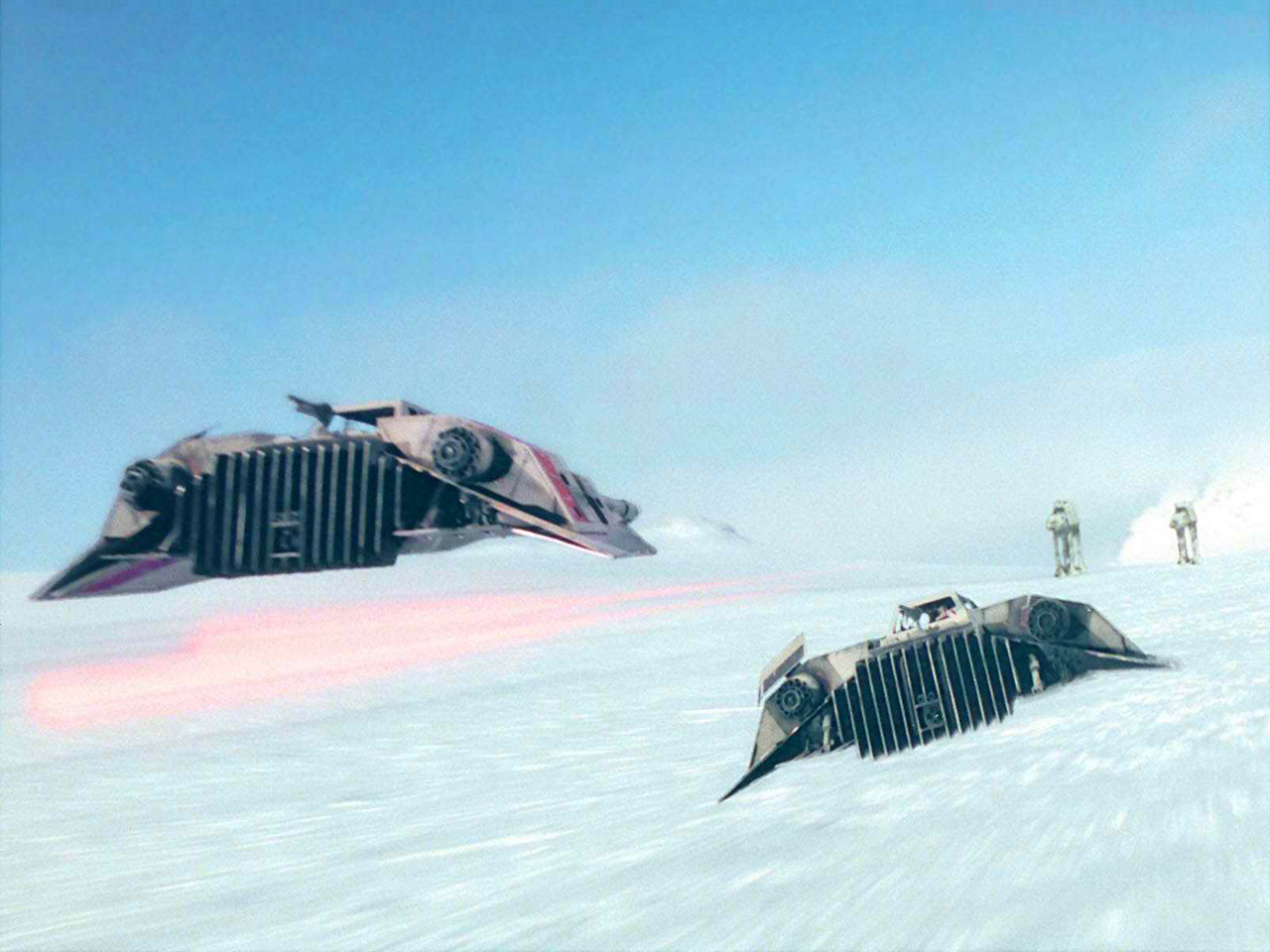 Rebel snowspeeders approaching Imperial AT-ATs during the Battle of Hoth