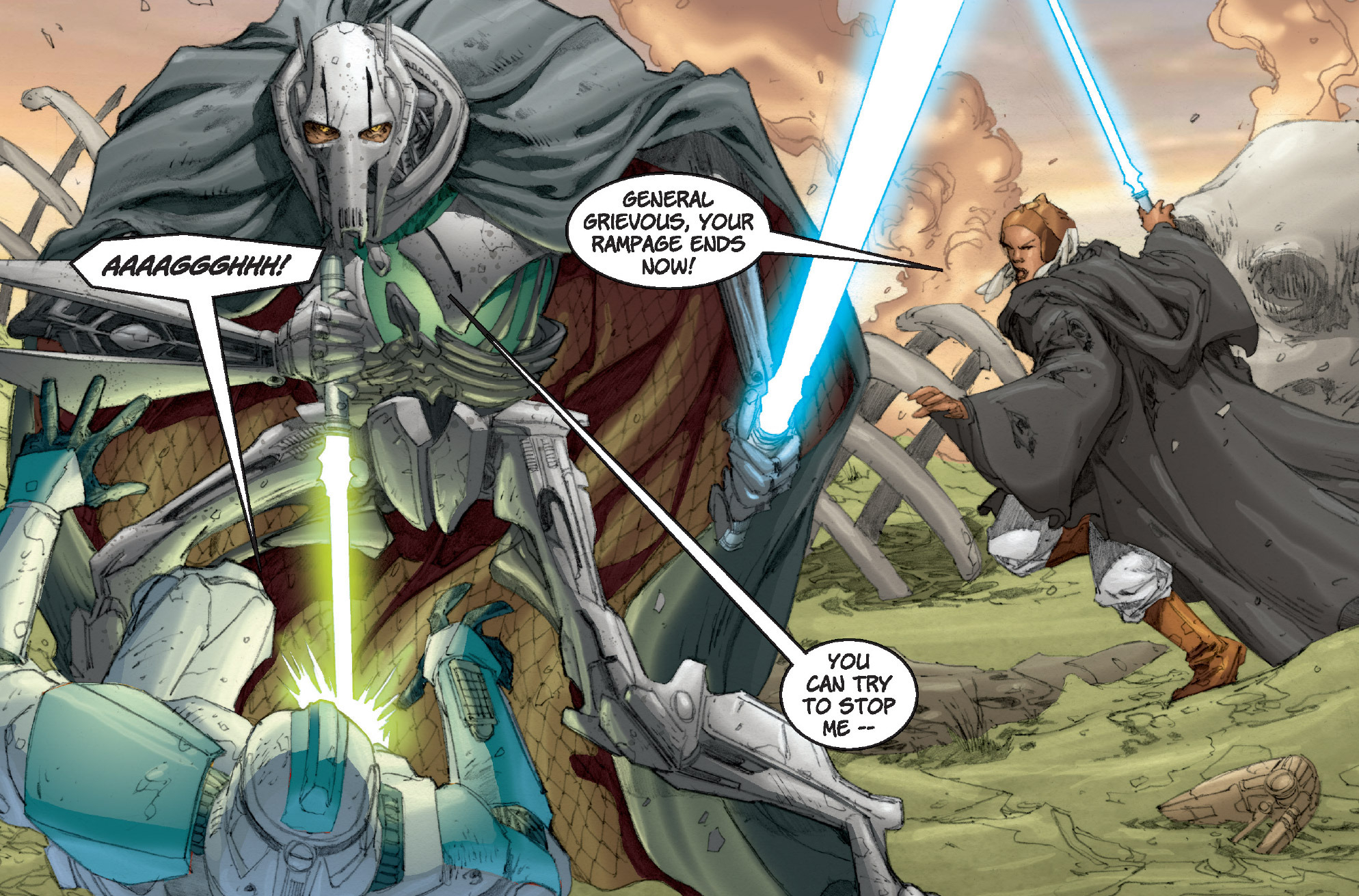 Alpha-17 is wounded by General Grievous.