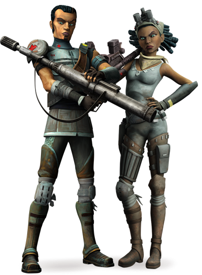 Saw and Steela handle their signature weapons—Saw's RPS-6 rocket launcher and Steela's sniper blaster rifle.