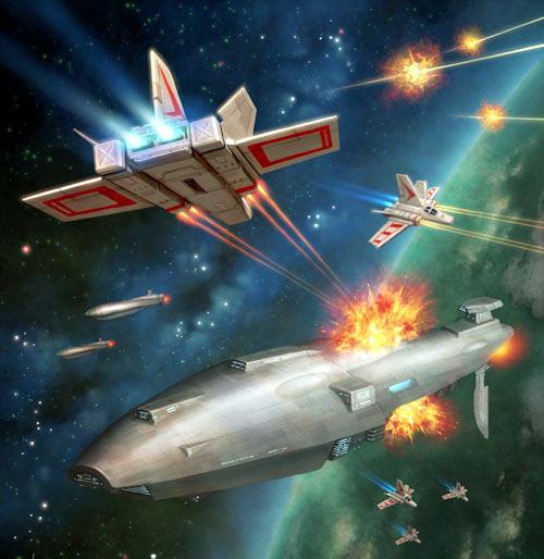 A squadron of Alpha-class Xg-1 Star Wings attacks a Dauntless-class heavy cruiser.